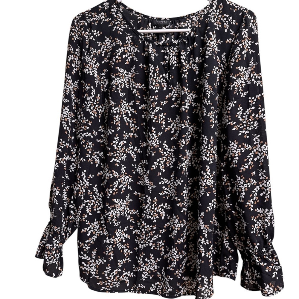Talbots Petite LP Black Floral Long Sleeve Blouse Lightweight Career Top